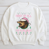 Humorous Opossum Christmas Sweatshirt, First of All Im a Delight Sweatshirt, Possum Holiday Crewneck, Adorable Animal Humor Christmas Sweater