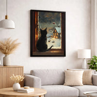 Santa Sleigh Snowy Village Canvas Wall Art, Black Cat Christmas Canvas Print, Festive Holiday Kitten Wall Decor, Adorable Winter Pet Lover Present