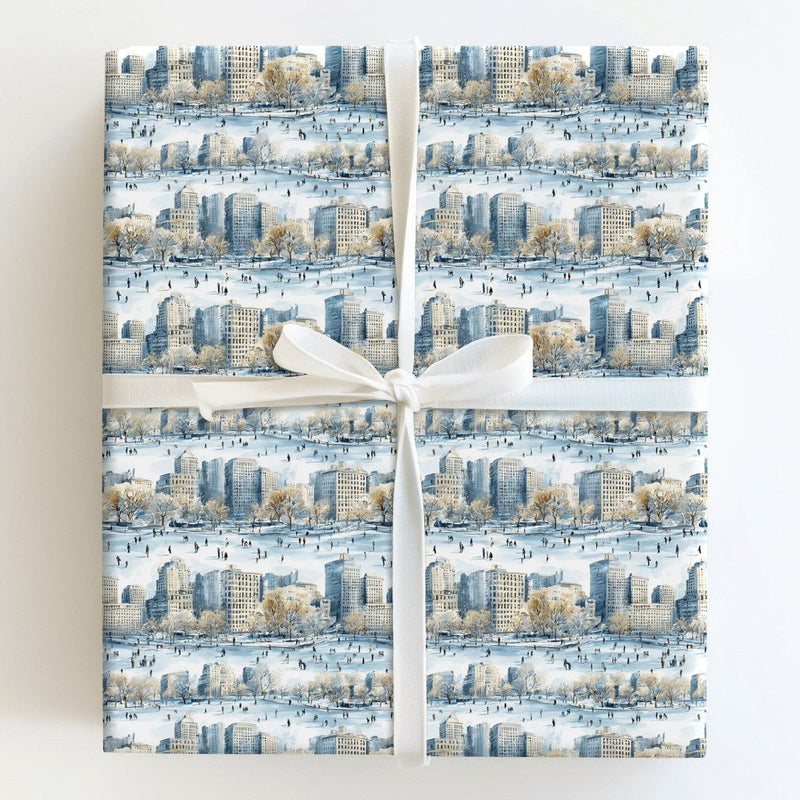Watercolor Ice Skating Park Gift Wrap, Winter Cityscape Wrapping Paper, Snowy City Holiday Present Paper, Christmas Gift Wrapping Paper