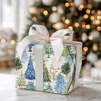 Blue Green Holiday Gift Wrap, Watercolor Christmas Tree Wrapping Paper, Festive Trees Wrapping Paper, Winter Woodland Forest Wrapping Paper