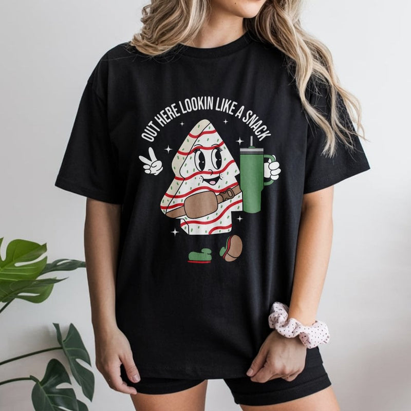 Out Here Lookin Like A Snack Shirt, Christmas Tree Cake T-Shirt, Humorous Holiday Snack Graphic Tee, Retro Christmas Tree Cake Tee, Xmas Present