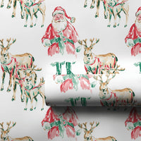 Watercolor Christmas Gift Wrap, Santa and Reindeer Wrapping Paper, Retro Santa Holiday Wrapping Paper, Traditional Christmas Wrapping Paper