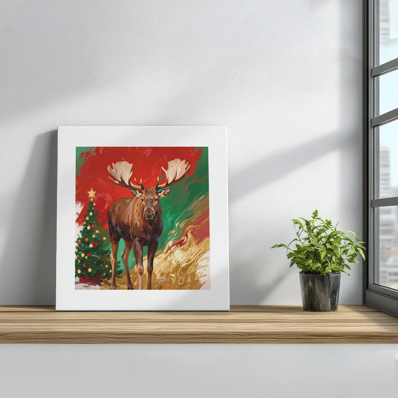 Painterly Winter Moose Canvas Print, Christmas Moose Square Canvas, Rustic Holiday Tree Canvas Wall Art, Nature Lover Christmas Decor