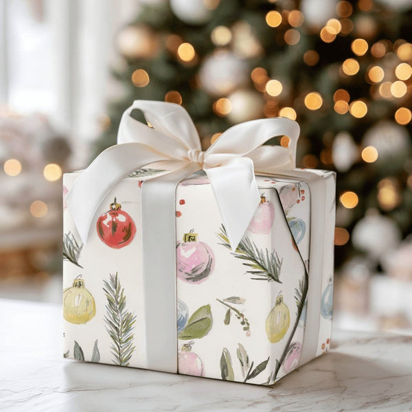 Winter Pine Christmas Wrapping Paper, Watercolor Ornaments Wrapping Paper, Botanical Holiday Wrapping Paper Roll, Festive Pre