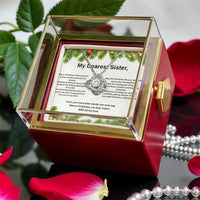 Christmas Sister Jewelry Present, Sister Love Knot Necklace, CZ Crystal Pendant Necklace, Rotating Rose Box Sister Present, Love Knot Jewelry