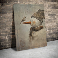 Painterly Winter Bird Carrot Nose Canvas Print, Snowman with Bird Canvas Wall Art, Christmas Holiday Decor, Festive Home Wall Art