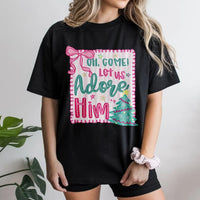 Pink Coquette Christmas Tree Tee, Oh Come Let Us Adore Him T-Shirt, Christian Holiday Graphic Shirt, Faith Aesthetic Scripture Tee