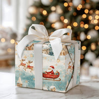 Vintage Snowy Village Gift Wrap, Santa Sleigh Christmas Wrapping Paper, Watercolor Reindeer Holiday Gift Wrapping Paper, Winter Present Wrap