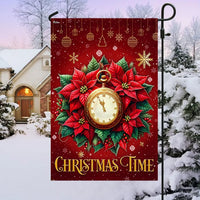 Most Wonderful Time of Year Yard Flag, Christmas Time Garden Flag, Poinsettia Clock Winter Banner, Double-Sided Holiday Lawn Flag Decor