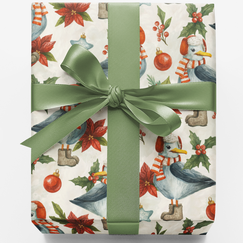 Coastal Holiday Gift Wrap, Seagull Christmas Wrapping Paper, Beach Nautical Wrapping Paper, Seagull Present Wrap, Xmas Holiday Present Paper