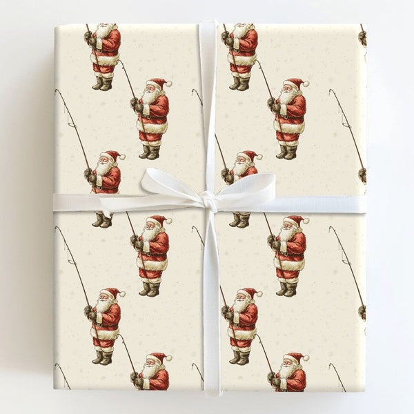 Vintage Angler Christmas Gift Wrap, Fishing Santa Claus Wrapping Paper, Fisherman Holiday Wrapping Paper, Outdoor Sportsman P