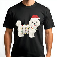 Santa Hat and Xmas Lights Graphic Tee, Maltese Dog Christmas T-Shirt, Adorable Puppy Holiday Pet Lover Shirt, Festive Dog Owner Apparel