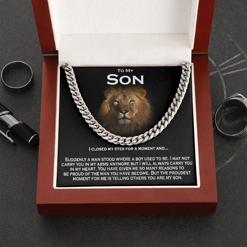 Lion Message Card Cuban Link Chain, To My Son Cuban Link Necklace, Son Cuban Link Necklace, Stainless Steel Jewelry, Christmas Present for Son