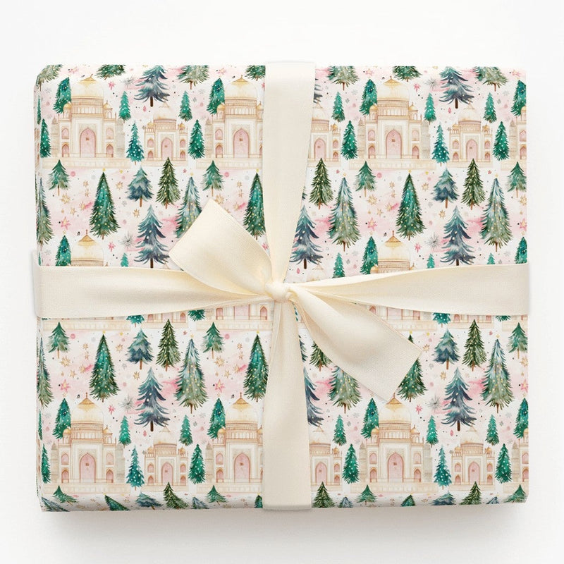 Watercolor Winter Forest Gift Wrap, Taj Mahal Christmas Wrapping Paper, Snowy India Landmark Wrapping Paper, Unique Holiday Gift Wrap