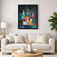 Colorful Holiday Gift Box Canvas Print, Abstract Christmas Tree Canvas Art, Festive Winter Wall Decor, Modern Seasonal Home Decor Present