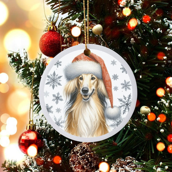 Santa Hat Dog Ornament, Afghan Hound Christmas Ornament, Festive Afghan Hound Ceramic Ornament, Adorable Puppy Tree Decor, Do
