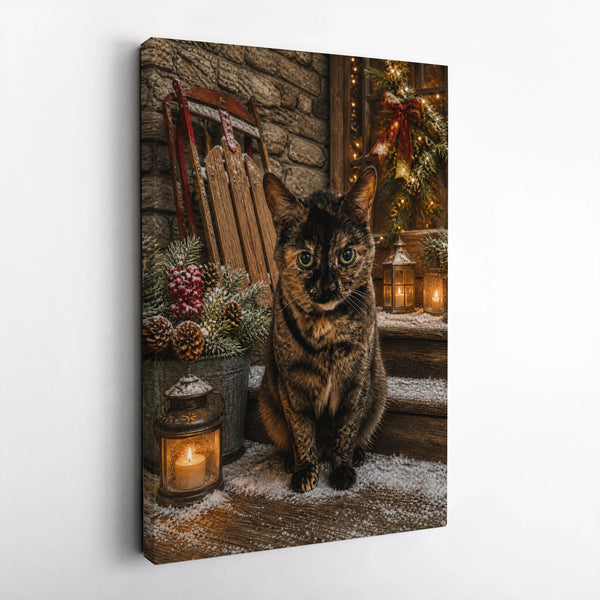 Tortoiseshell Cat Holiday Wall Art, Christmas Cat Canvas Print, Comfy Winter Cat Canvas, Rustic Christmas Porch Wall Decor, C