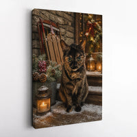 Tortoiseshell Cat Holiday Wall Art, Christmas Cat Canvas Print, Comfy Winter Cat Canvas, Rustic Christmas Porch Wall Decor, Cat Lover Present