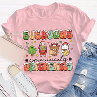 Festive Lights Neurodiversity Tee, Everyone Communicates Differently Christmas Shirt, SPED Teacher Holiday T-Shirt, ASL Xmas Present
