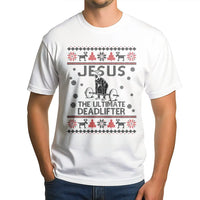 Humorous Christian Gym Workout Graphic Tee, Jesus Deadlift Ugly Christmas T-Shirt, Fitness Weightlifter Xmas Shirt, Powerlifting Gym Tee