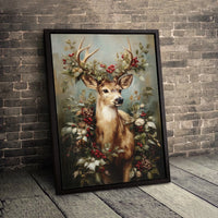 Rustic Reindeer Wreath Canvas Print, Winter Deer Canvas Wall Art, Holiday Christmas Wall Art Canvas, Farmhouse Winter Decor Present