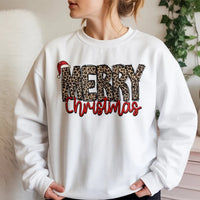 Santa Hat Holiday Sweatshirt, Merry Christmas Leopard Print Sweatshirt, Retro Xmas Leopard Crewneck, Festive Winter Pullover Present