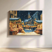 European Winter Village Canvas Art, Christmas Market Canvas Print, Festive Holiday Night Canvas, Snowy City Wall Decor, Christmas Present