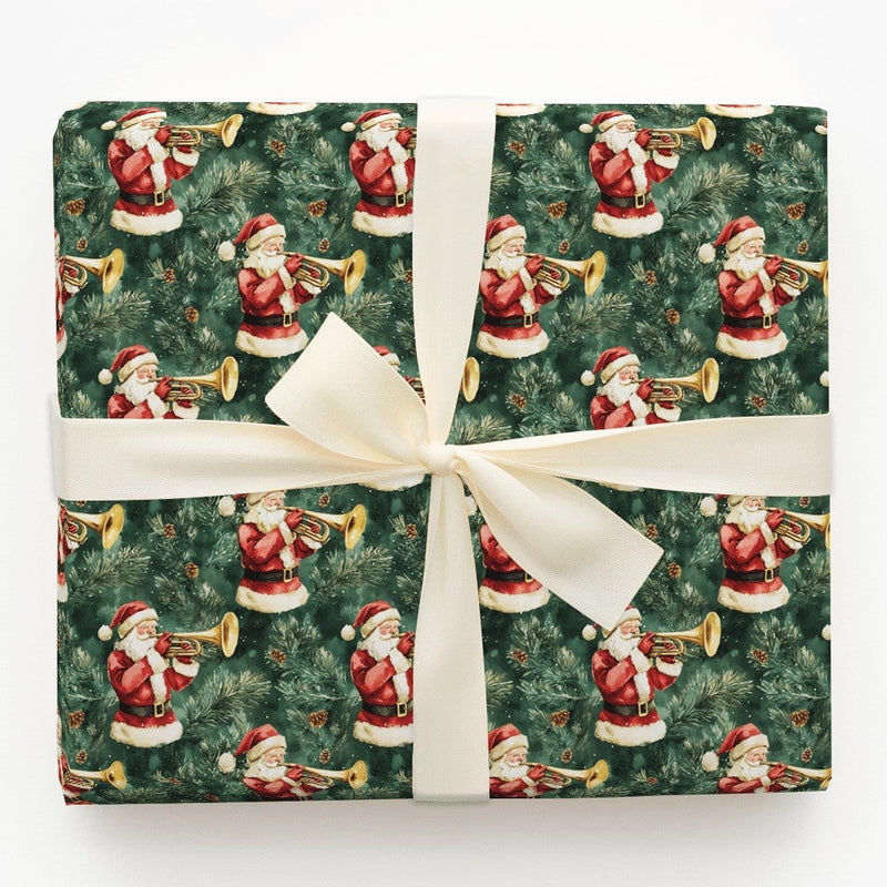 Musical Christmas Gift Wrap, Vintage Santa Trumpet Wrapping Paper, Pine Branch Holiday Present Paper, Dark Green Xmas Gift Wrap