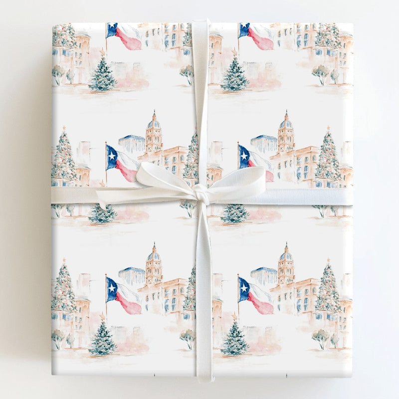 Watercolor State Capitol Holiday Gift Wrap, Texas Flag Christmas Wrapping Paper, Lone Star State Wrapping Paper Roll, Southern Present Wrap