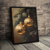 Golden Christmas Ornaments Digital Wall Art | Vintage Pine Branch Oil Painting Style | High-Quality Printable Artwork | Elegant Holiday Home Decor Present