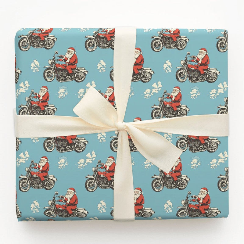 Vintage Motorcycle Gift Wrap, Light Blue Biker Santa Wrapping Paper, Blue Motorcycle Christmas Wrapping Paper, Biker Holiday Gift Wrap