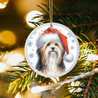 Santa Hat Winter Snowflakes Ornament, Havanese Dog Christmas Ornament, Holiday Ceramic Ornament, Pet Lover Tree Decor, Dog Mom Xmas Present
