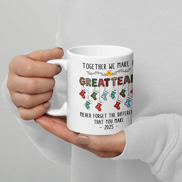 Together We Make a Great Team Stockings Coffee Mug, Christmas Family Team Mug, Holiday Ceramic Tea Cup Mug