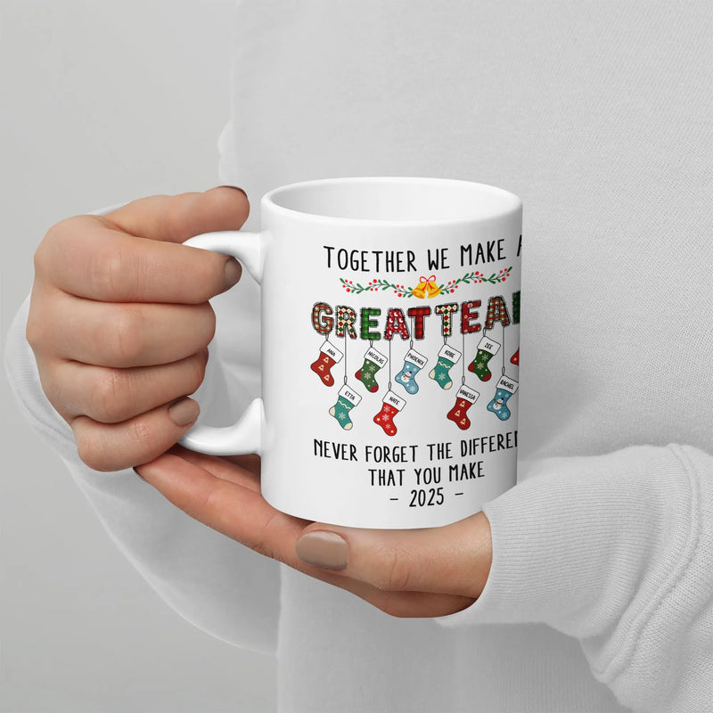 Together We Make a Great Team Stockings Coffee Mug, Christmas Family Team Mug, Holiday Ceramic Tea Cup Mug