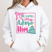 Pink Coquette Christmas Hoodie, Oh Come Let Us Adore Him Hoodie, Retro Christian Holiday Sweatshirt, Adorable Religious Faith Pullover Hoodie