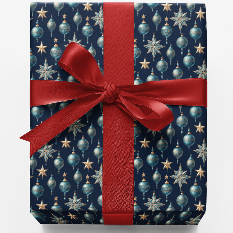 Holiday Ornament and Stars Gift Wrap, Navy Blue Christmas Wrapping Paper, Elegant Winter Wrapping Paper, Festive Xmas Gift Wrap Roll
