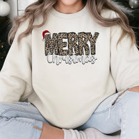 Leopard Print Santa Hat Holiday Crewneck, Merry Christmas Sweatshirt, Adorable Christmas Graphic Pullover, Comfy Winter Holiday Xmas Sweater