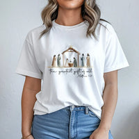 Christian Christmas Holiday Graphic Tee, Nativity Scene the Greatest Present T-Shirt, Jesus Religious Faith Shirt, Noel Winter Top
