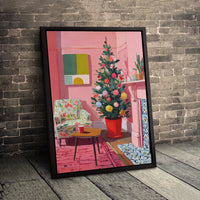 Mid-Century Holiday Canvas Wall Art, Pink Christmas Living Room Canvas Print, Festive Pastel Canvas, Retro Xmas Home Decor, Present for Her