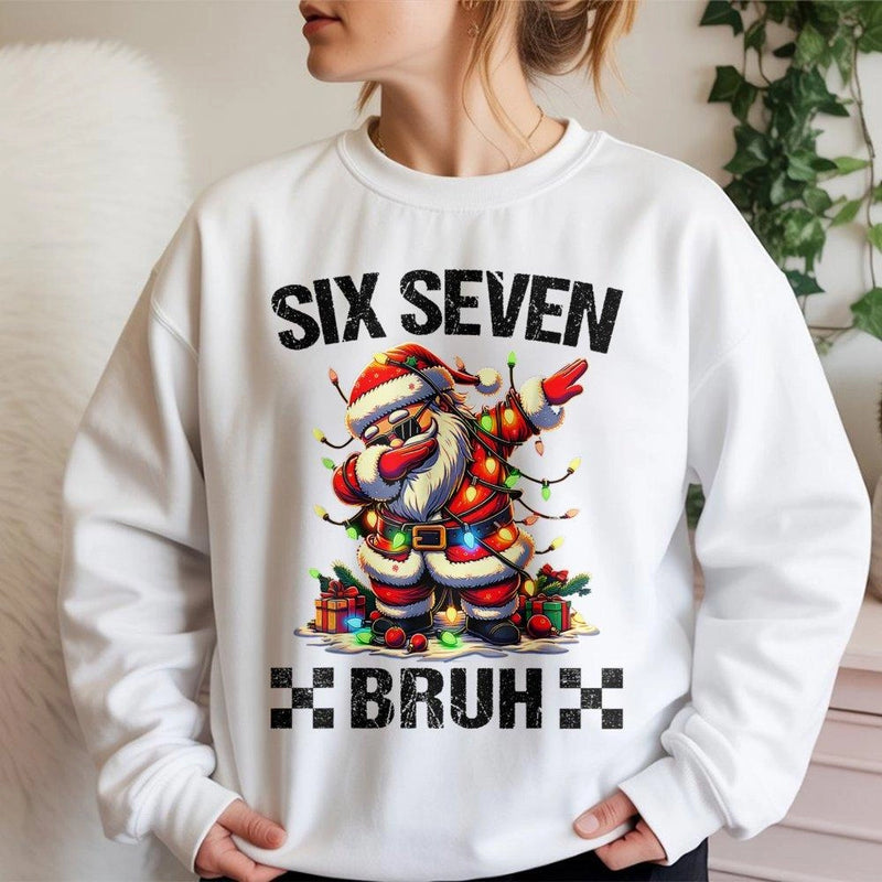 Six Seven Bruh Christmas Graphic Crewneck, Dabbing Santa Sweatshirt, Humorous Meme Santa Sweater, Holiday Humor Pullover, Xmas Gag Present