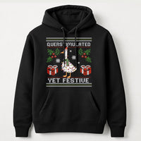 Humorous Duck Christmas Hooded Sweatshirt, Overstimulated Yet Festive Goose Hoodie, Holiday Goose Graphic Pullover, Sarcastic Xmas Hoodie