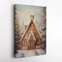 Snowy Winter Forest Canvas Print, Gingerbread House Church Canvas Wall Art, Holiday Landscape Canvas, Christmas Church Wall Decor