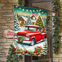 Winter Farmhouse Snow Scene Yard Flag, Vintage Red Pickup Truck Christmas Garden Flag, Double Sided Holiday Lawn Flag, Xmas Yard Decor
