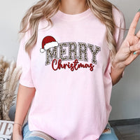 Leopard Santa Hat Holiday Graphic Tee, Merry Christmas T-Shirt, Adorable Retro Xmas Shirt, Festive Christmas Party Tee for Women Teens