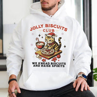 Jolly Biscuits Club Holiday Graphic Hoodie, Christmas Cat Baking Hoodie, Humorous Cat Lover Xmas Pullover, Adorable Kitty Baker Winter Hoodie