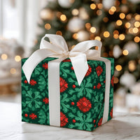 Folk Art Christmas Gift Wrap, Red Poinsettia Wrapping Paper, Vintage Floral Holiday Wrapping Paper, Botanical Xmas Gift Wrapping Paper