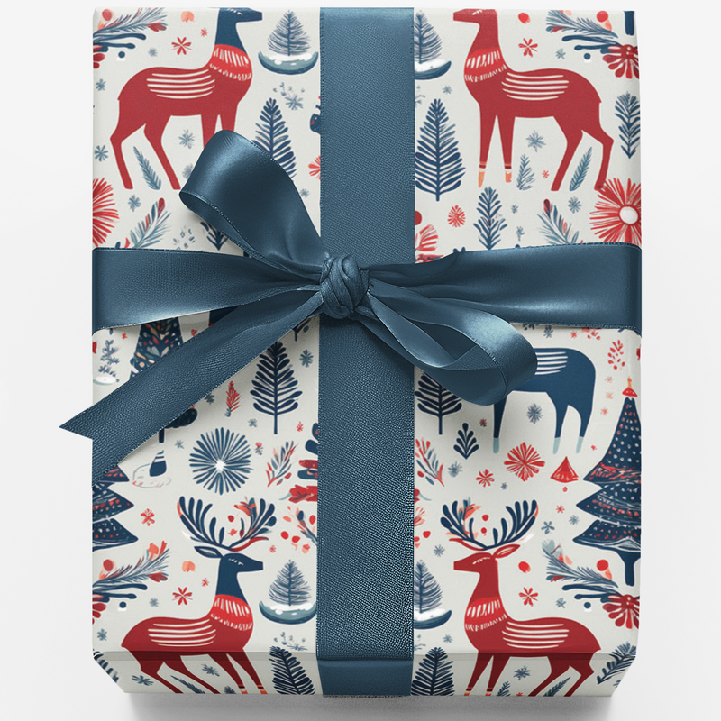 Scandi Christmas Holiday Gift Wrap, Nordic Reindeer Wrapping Paper, Folk Art Winter Wrapping Paper, Festive Season Present Paper Roll