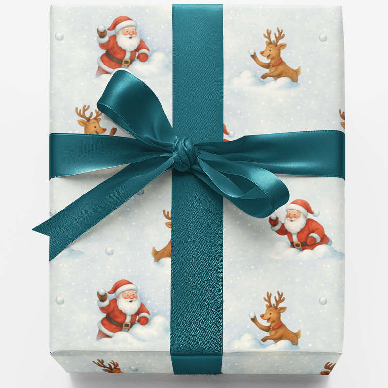 Humorous Christmas Gift Wrap, Santa vs Reindeer Snowball Fight Wrapping Paper, Adorable Holiday Wrapping Paper, Winter Snow Scene Gift Wrap Roll