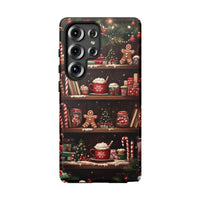 Gingerbread Cocoa Holiday Phone Cover, Christmas Bookshelf Phone Case for Samsung Galaxy, Comfy Bookish Candy Cane Case
