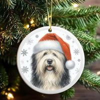 Santa Hat Dog Holiday Ornament, Old English Sheepdog Christmas Ornament, Ceramic Puppy Tree Ornament, Sheepdog Lover Keepsake Present Decor